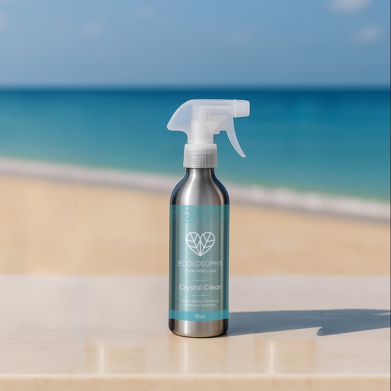 Ecolosophy Crystal Clear refill spray bottle, a fragrance-free option when comparing scented cleaner ingredient lists